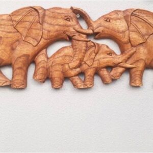Hand Carved Elephant Family Wall Plaque Unusual wooden wall